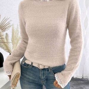 Chic Cream Sweater with Lace Cuffs